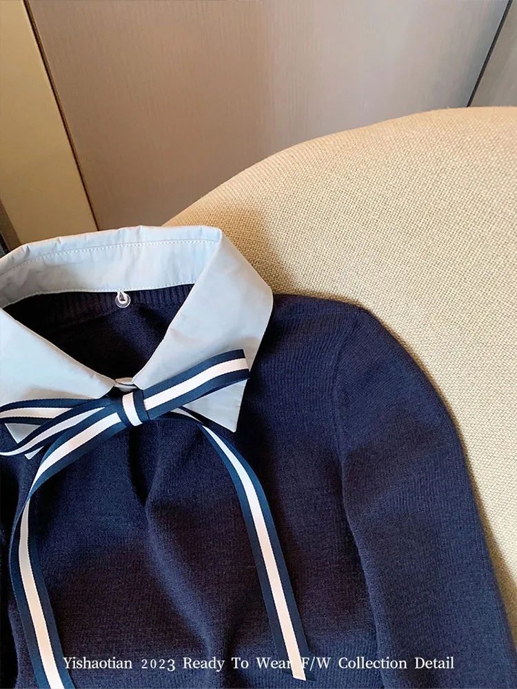 Suéter azul marino de estilo Preppy para mujer, Jersey de punto de gran tamaño con cuello tipo Polo, Jersey holgado informal de moda coreana con