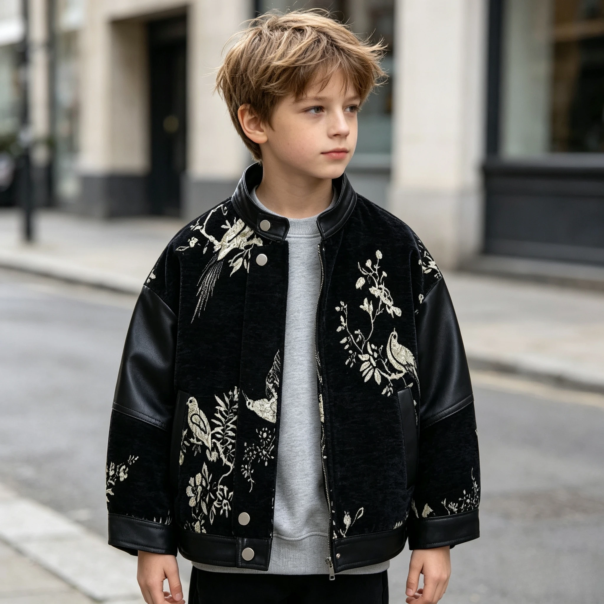 Kids Boys Patchwork Leather Jacket Oriental Bird Floral Embroidery Zip Up Coat Autumn Winter Fashion Casual Outerwear 4-12 Years