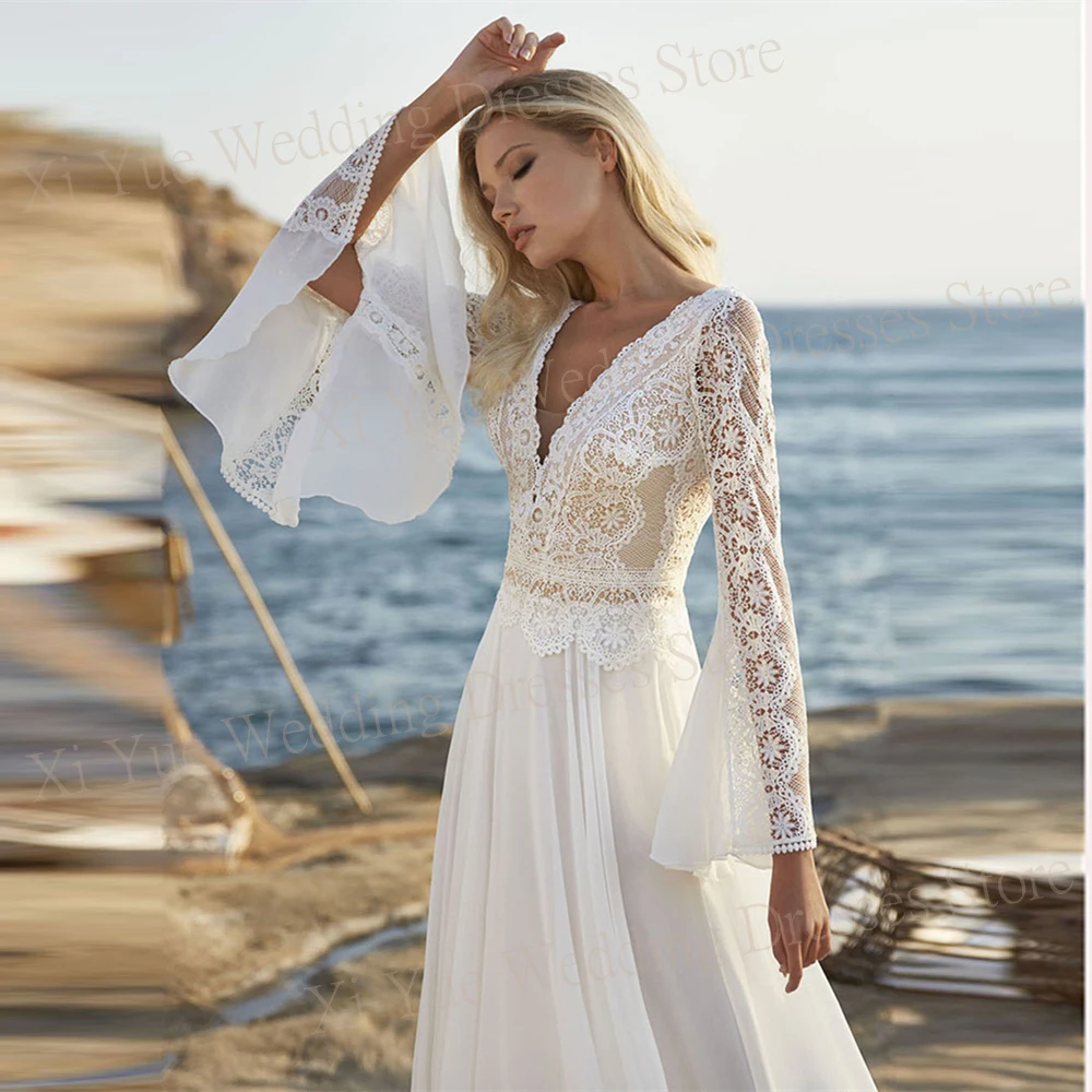 2024 Modern Charming A Line Chiffon Women's Wedding Dresses Lace Appliques Long Flare Sleeve Bride Gowns V Neck Backless 웨딩드레스