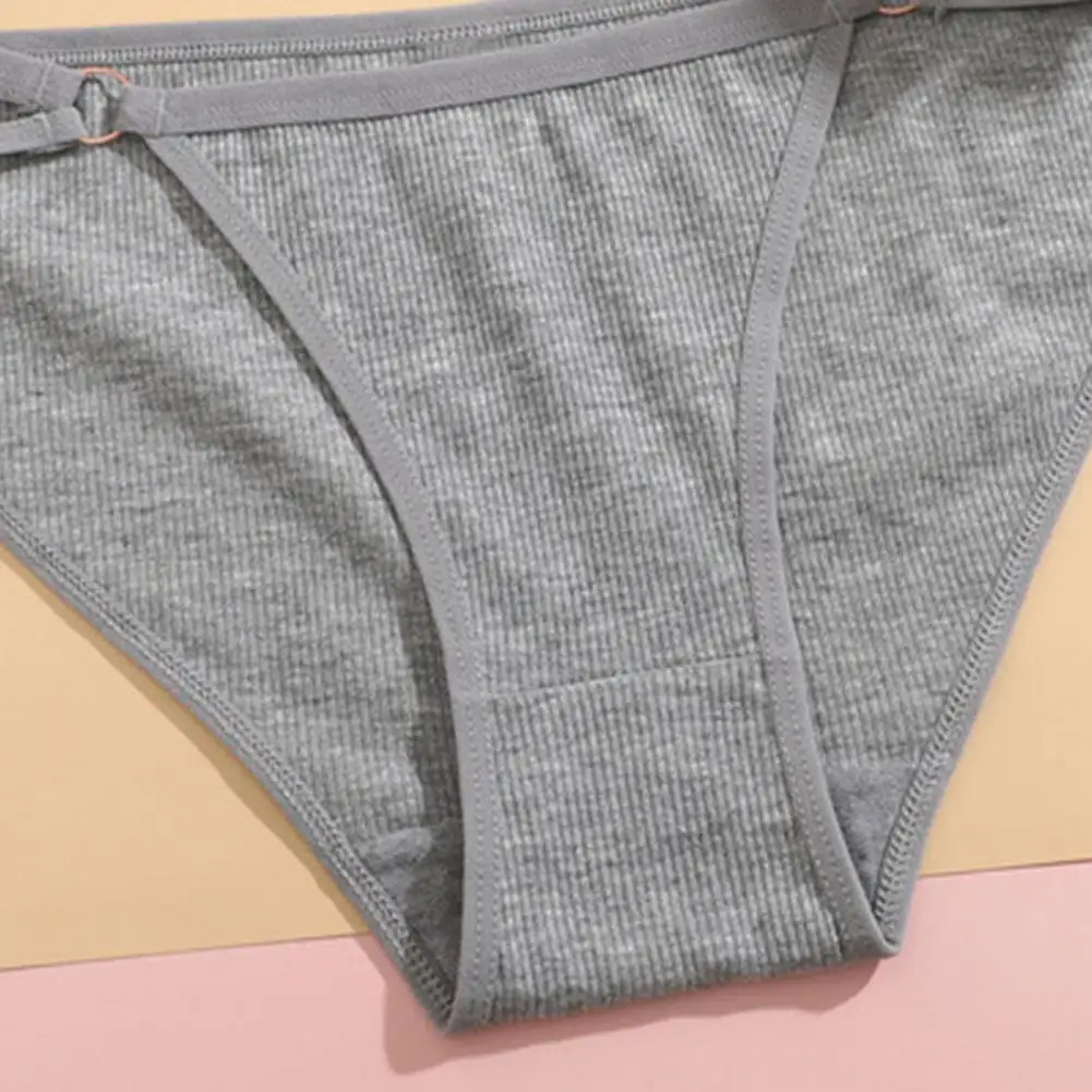 Women Panties Hollow Out Thread Solid Color Low Waist Small Hoop Decor Bikini Panties Elastic Cotton Underpants for Daily Wear A
