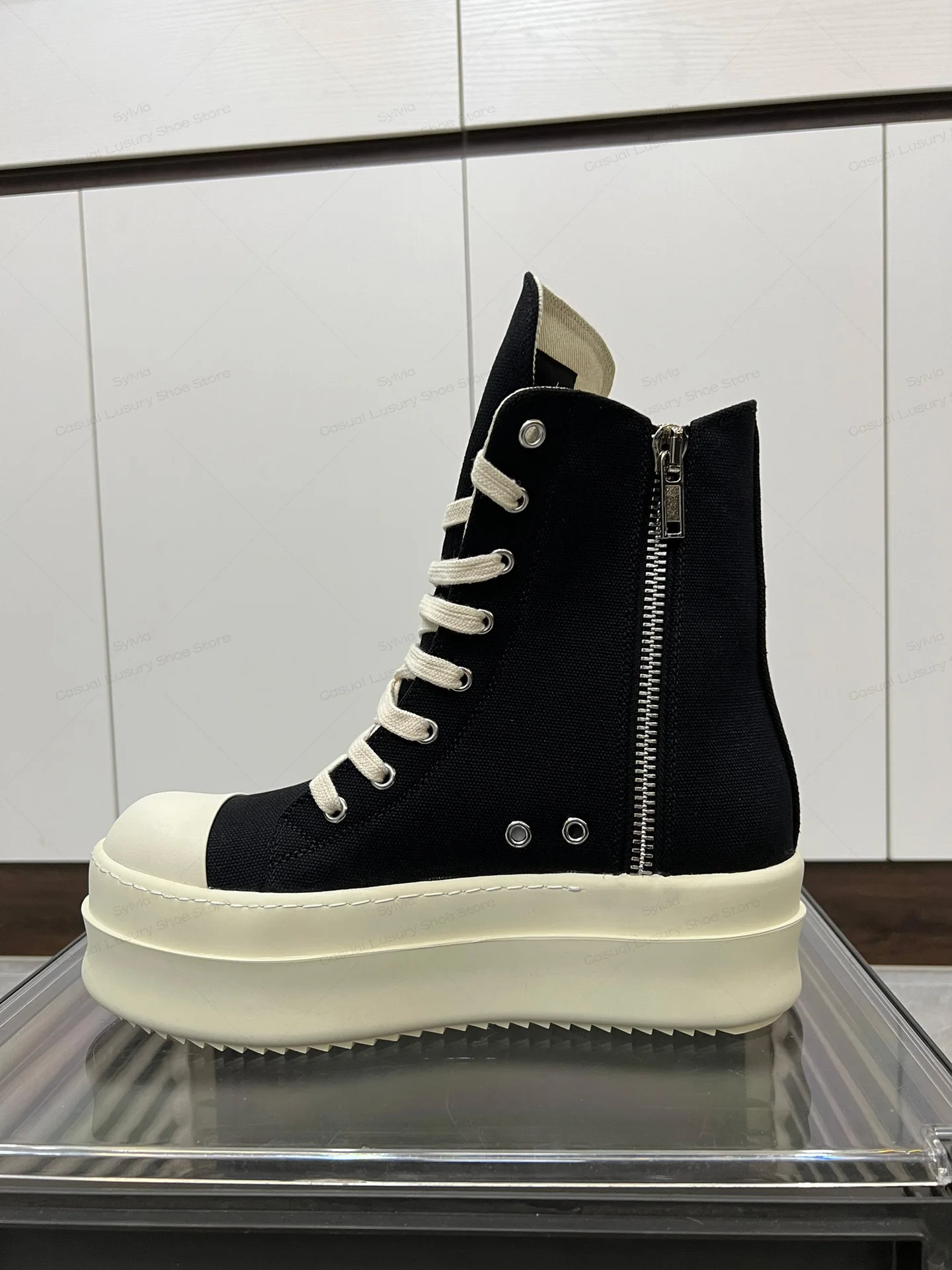 Rick Luxury Designer Fashion Thick Soled Shoe 6 Cm Canvas High Top Platform shoes Men Zip Owens Luxury Casual Ankle Boot Women