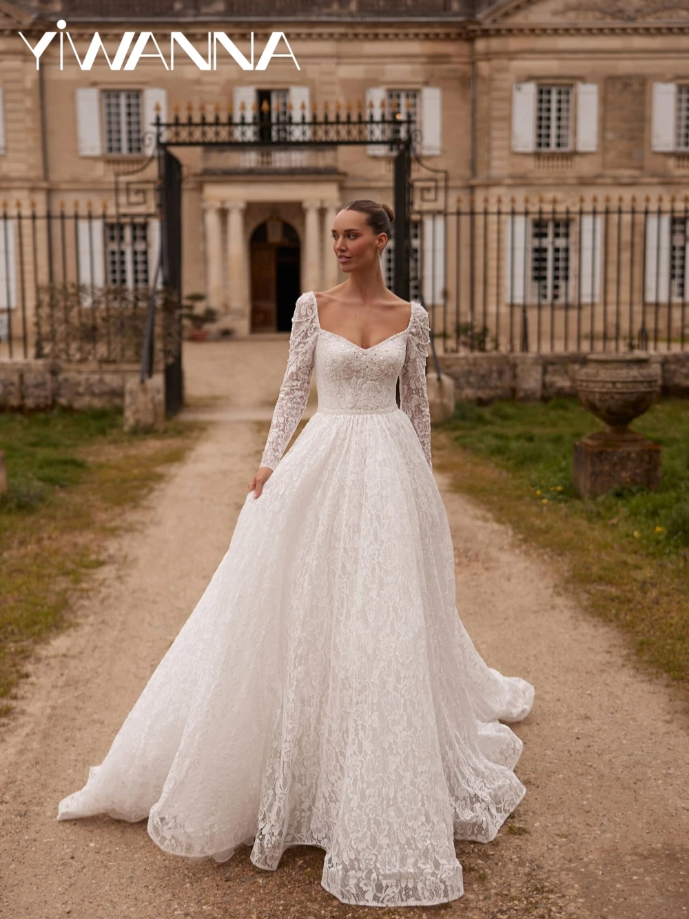 

Elegant Shiny Pearls A-line Lace Wedding Dress Charming V-neck Long Sleeve Bridal Gown 2026 New Customized Dresses For Bride