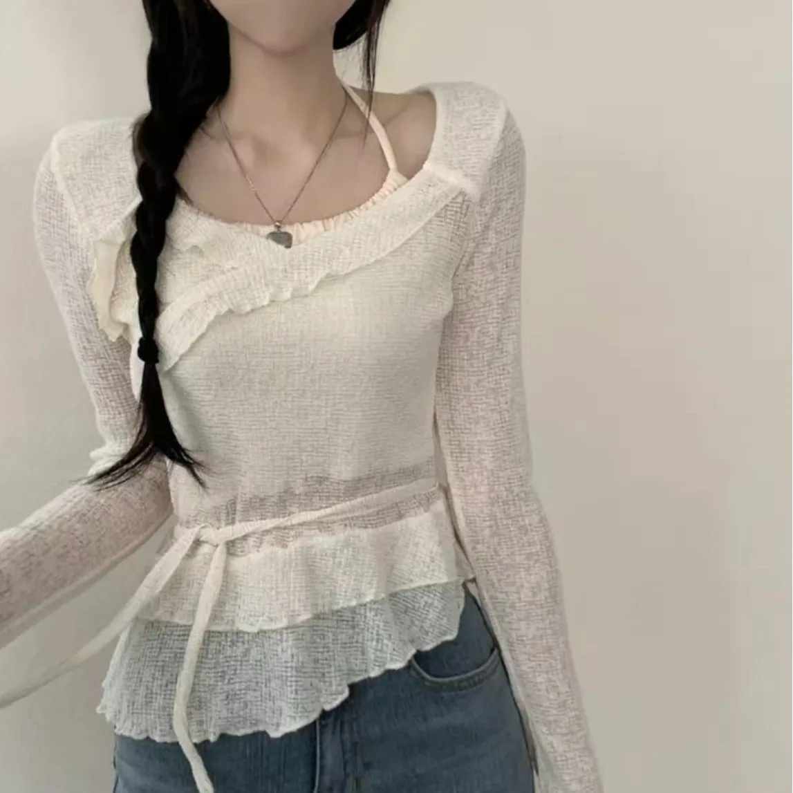 

Korean Style Layered Splice Crop Top Women's Slim Fit Blouse Ruffle Design Knitted Shirt Spring Summer Fashion Commute Style