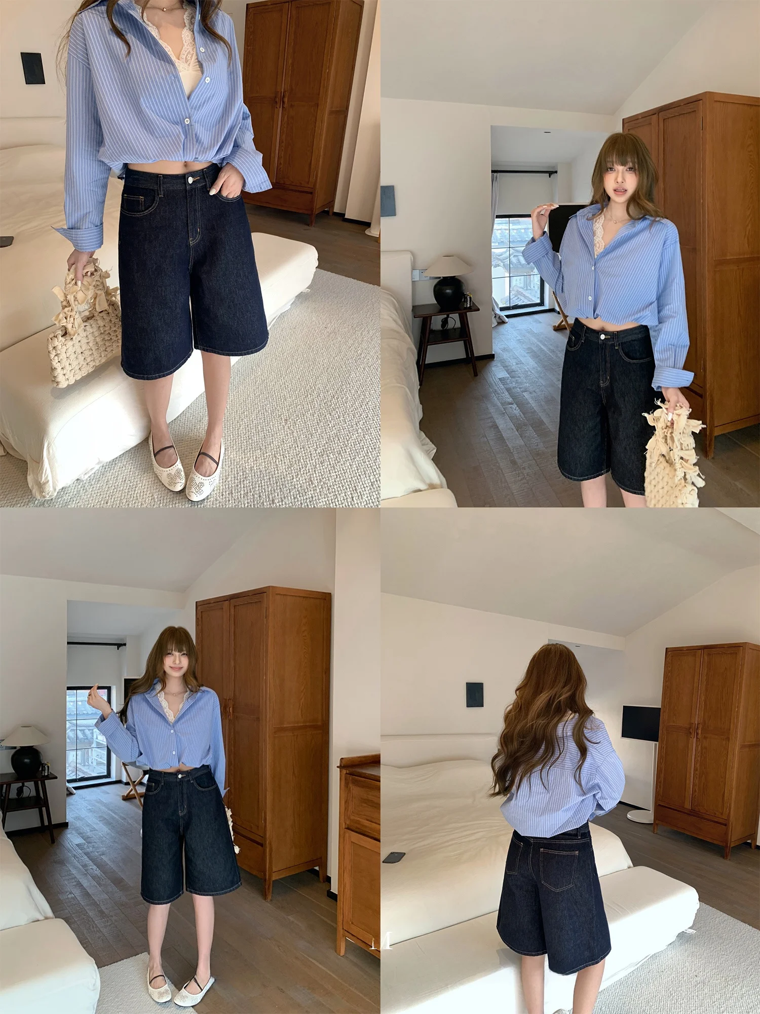 

Chen Mi Fan Retro High Waist Wide Leg Denim Shorts Women Loose Straight Casual Five-Point Pants Spring Cotton Button Closure