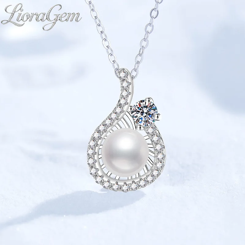 LioraGem Platinum PT950 Versatile Teardrop Moissanite Necklace, Natural Freshwater Pearl Pear-shaped Pendant Collarbone Chain