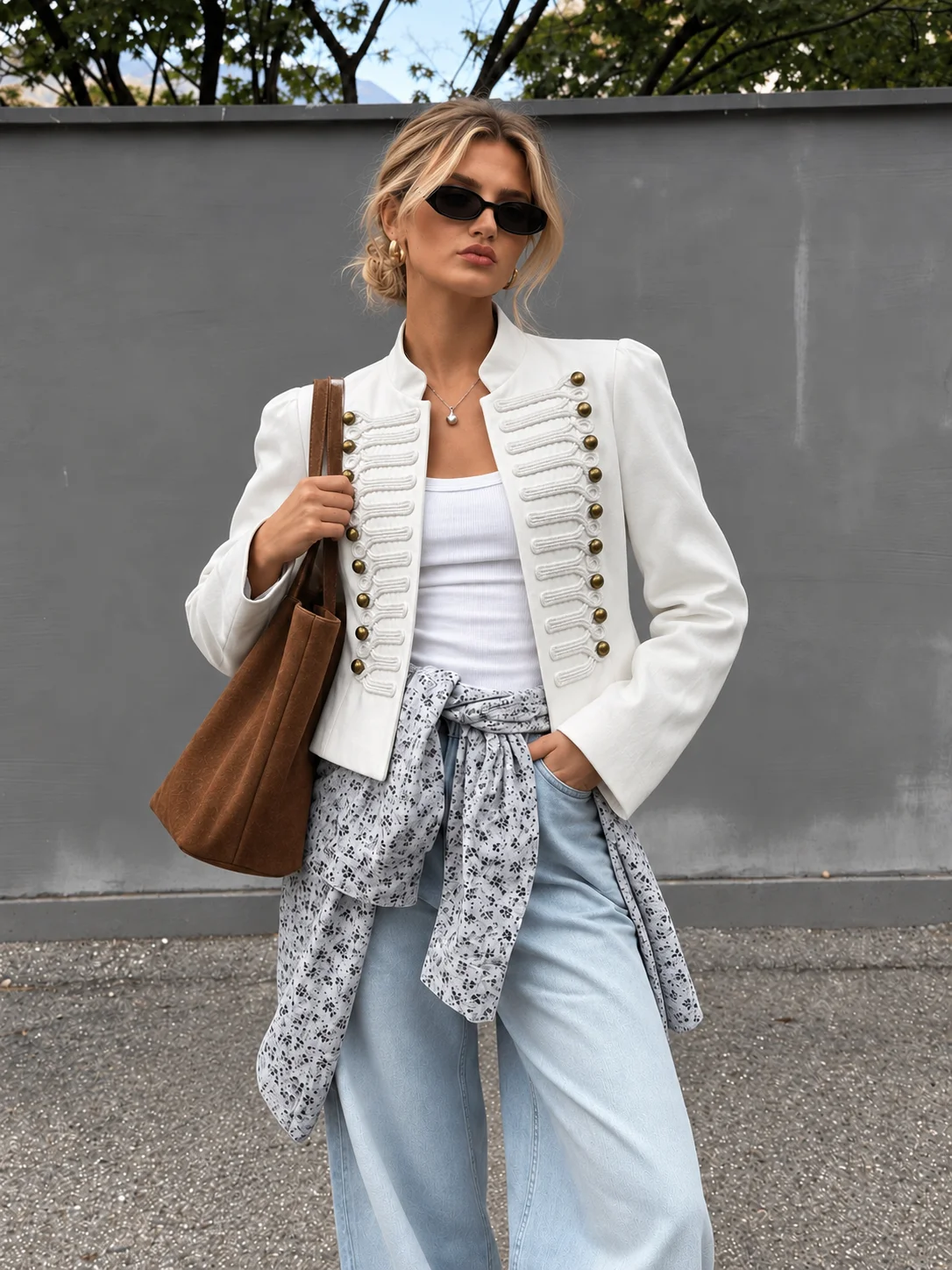Vintage White Napoleon Military Blazer Jacket Womens Gold Button Braided Front Stand Collar Band Style Tailored Cropped Coat Top