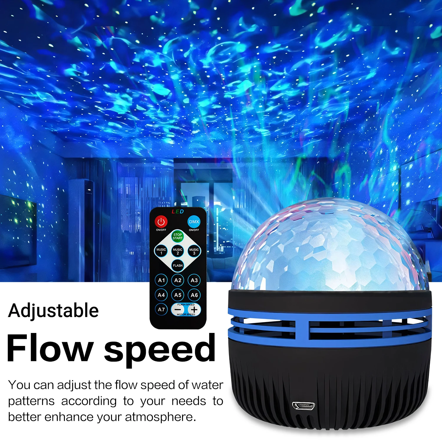 RGB Color Changing Water Wave Projection Lamp USB Powered 5V Remote Control Auto Flowing Sound Sensor Night Light For Festival Room Decoration