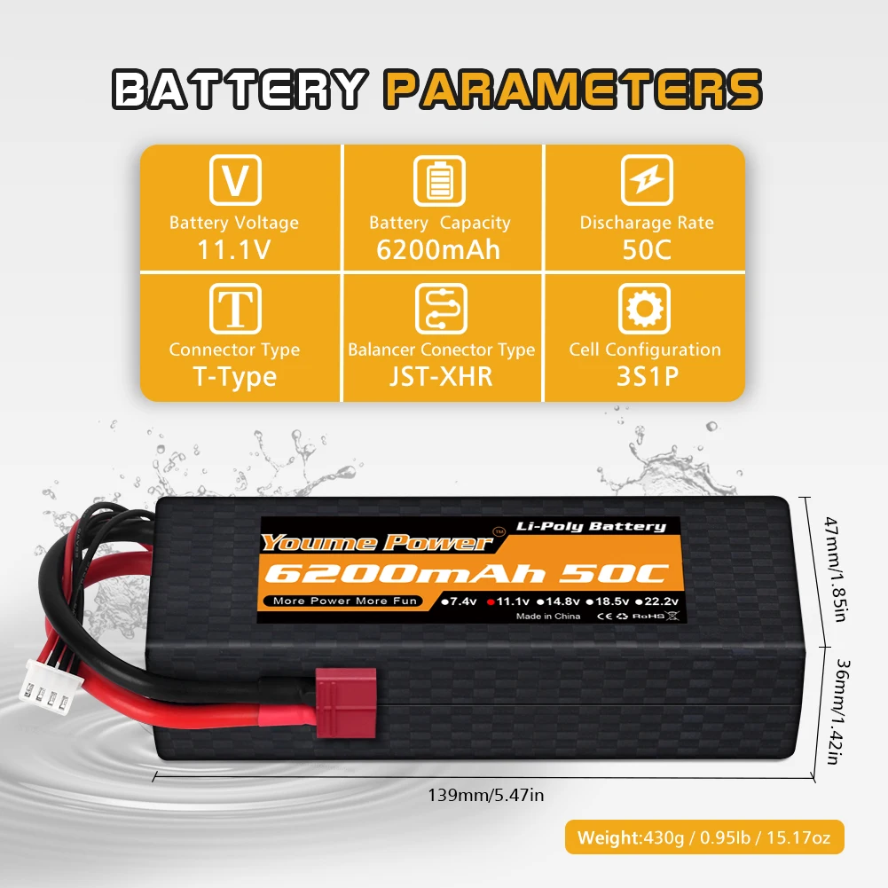 YOUME 6200mah يبو 2S 3S 4S بطارية 7.4 فولت 11.1 فولت 14.8 فولت 50C غطاء واقٍ مزخرف لهاتف آيفون لطائرات الهليكوبتر RC قطع غيار شاحنات القارب #4