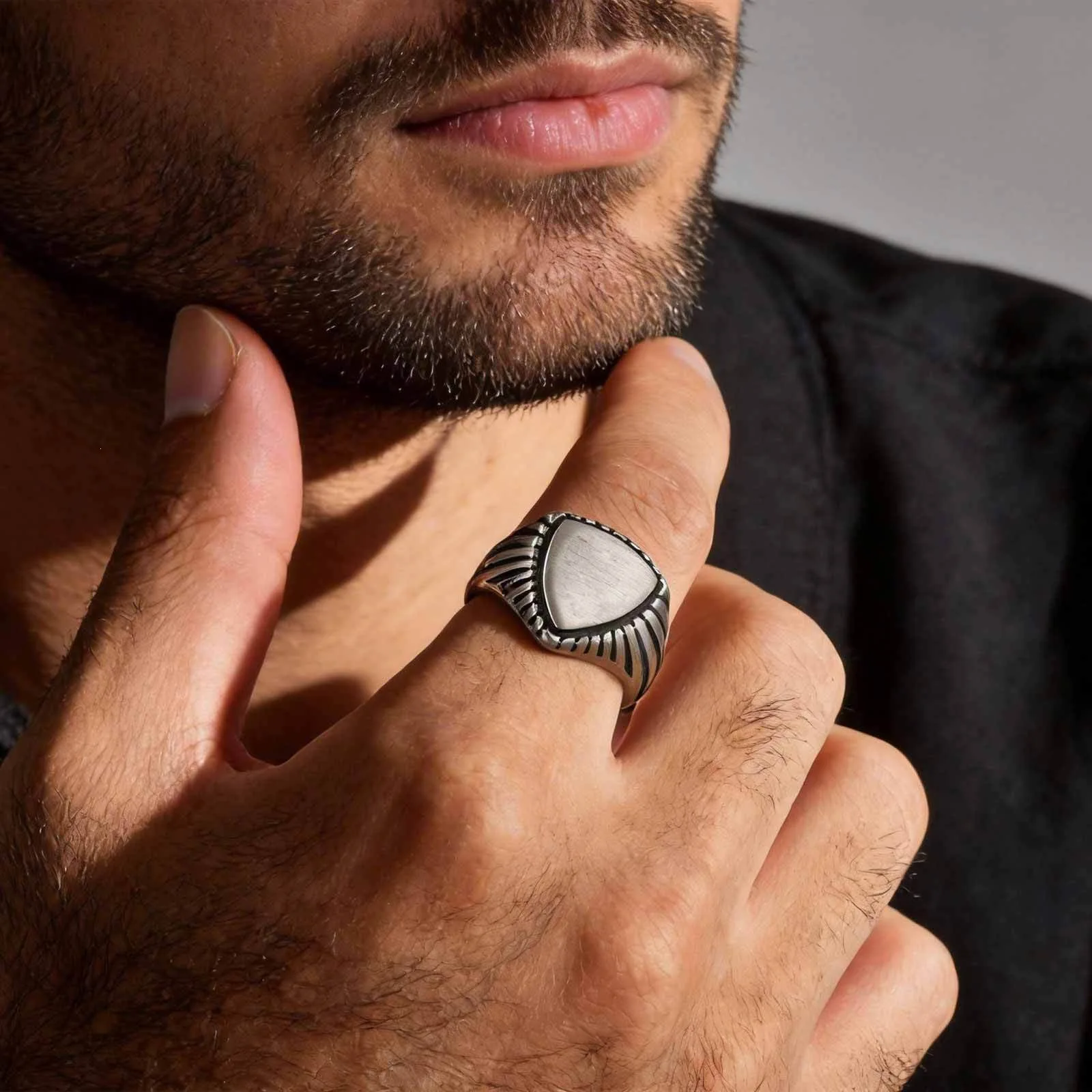 New Vintage Stainless Steel Triangular Ring for Men Gold Plated Jewelry