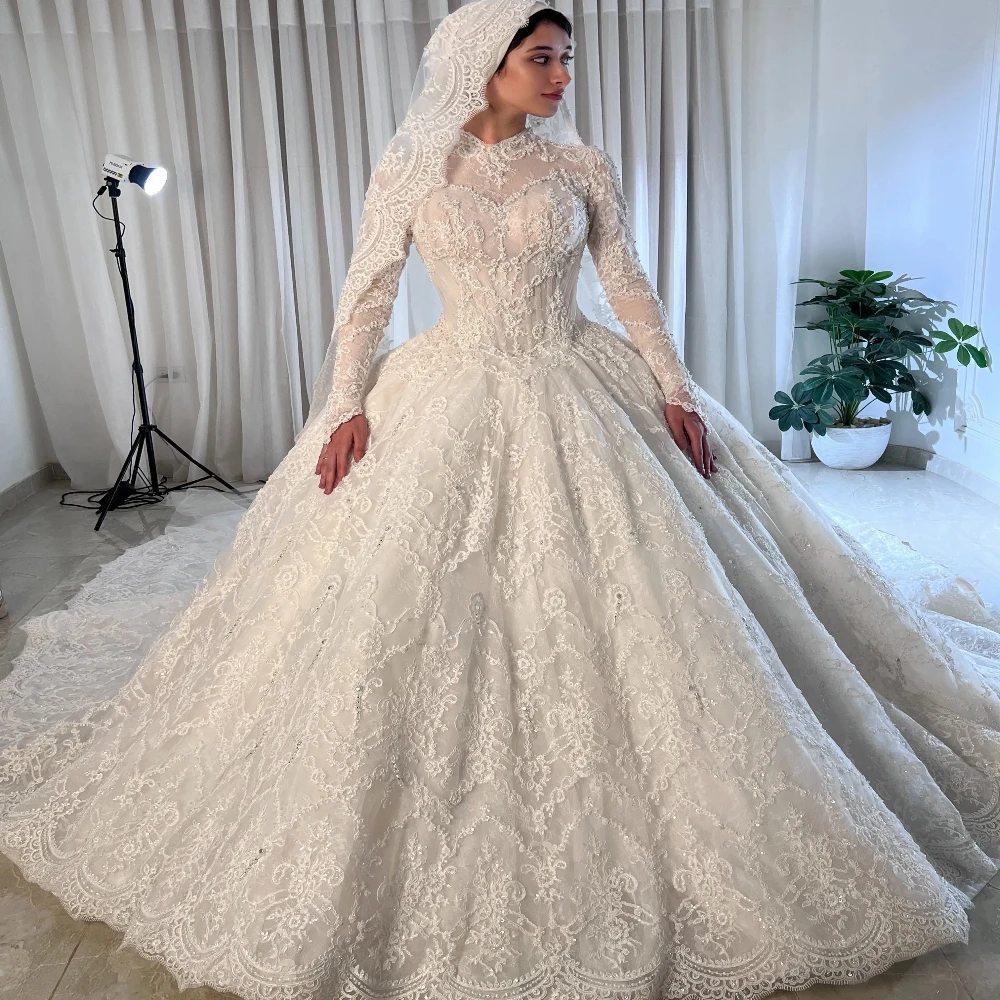 Muslim High Neck Long Sleeves Bridal Dress With Lace Beaded Appliques Arabic Dubai Wedding Dress Vestidos De Novia Customized
