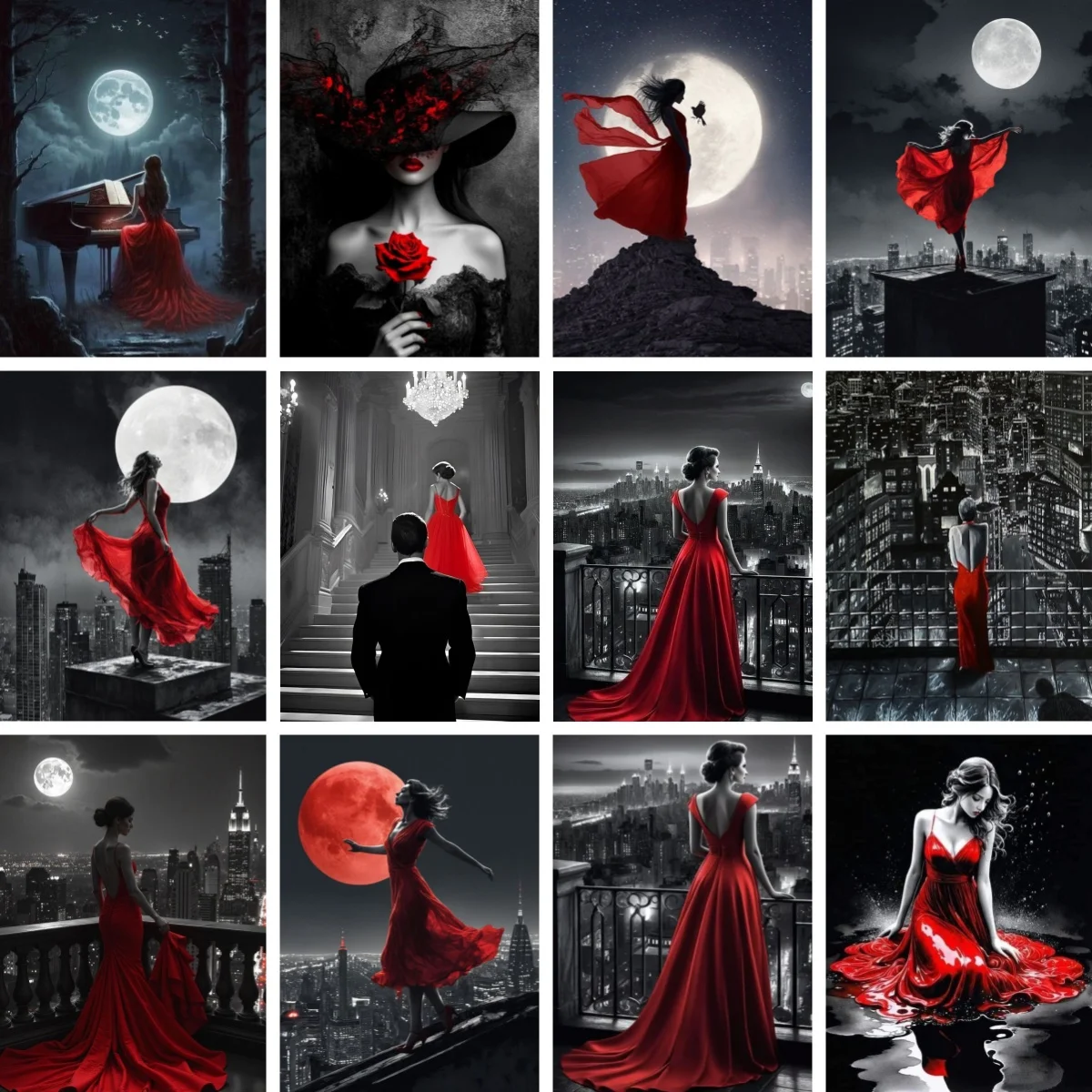 

Алмазная вышивка: Женщина в красном платье (для взрослых, начинающих), рисунок с луной и звездами, мозаика, DIY, полный набор (квадратные/круглые стразы), подарок