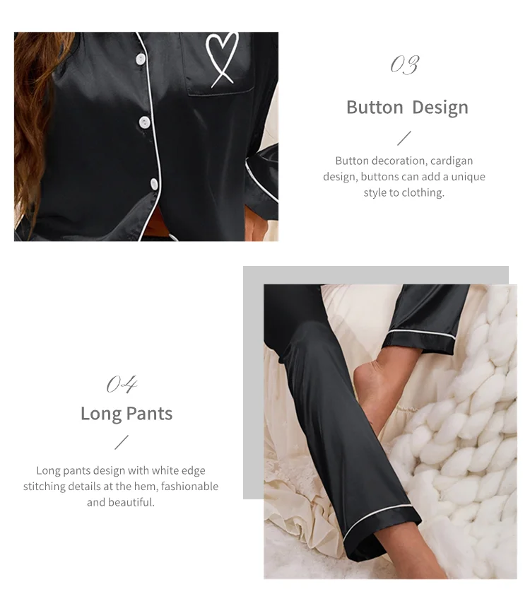 Frauen Hause Kleidung Satin Pyjama Herbst Langarm Tasche Herz-förmigen Stickerei Tops & Hosen Pyjama Femme Loungewear Pj set – Detail 26