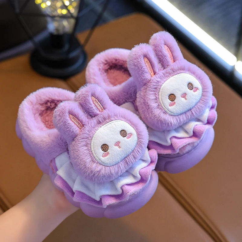 2024 New Winter Warm Cute Rabbit Indoor Closed-toe Mule Soft Non-slip Kids Fluffy Slippers For Girls Children Home Cotton Shoes