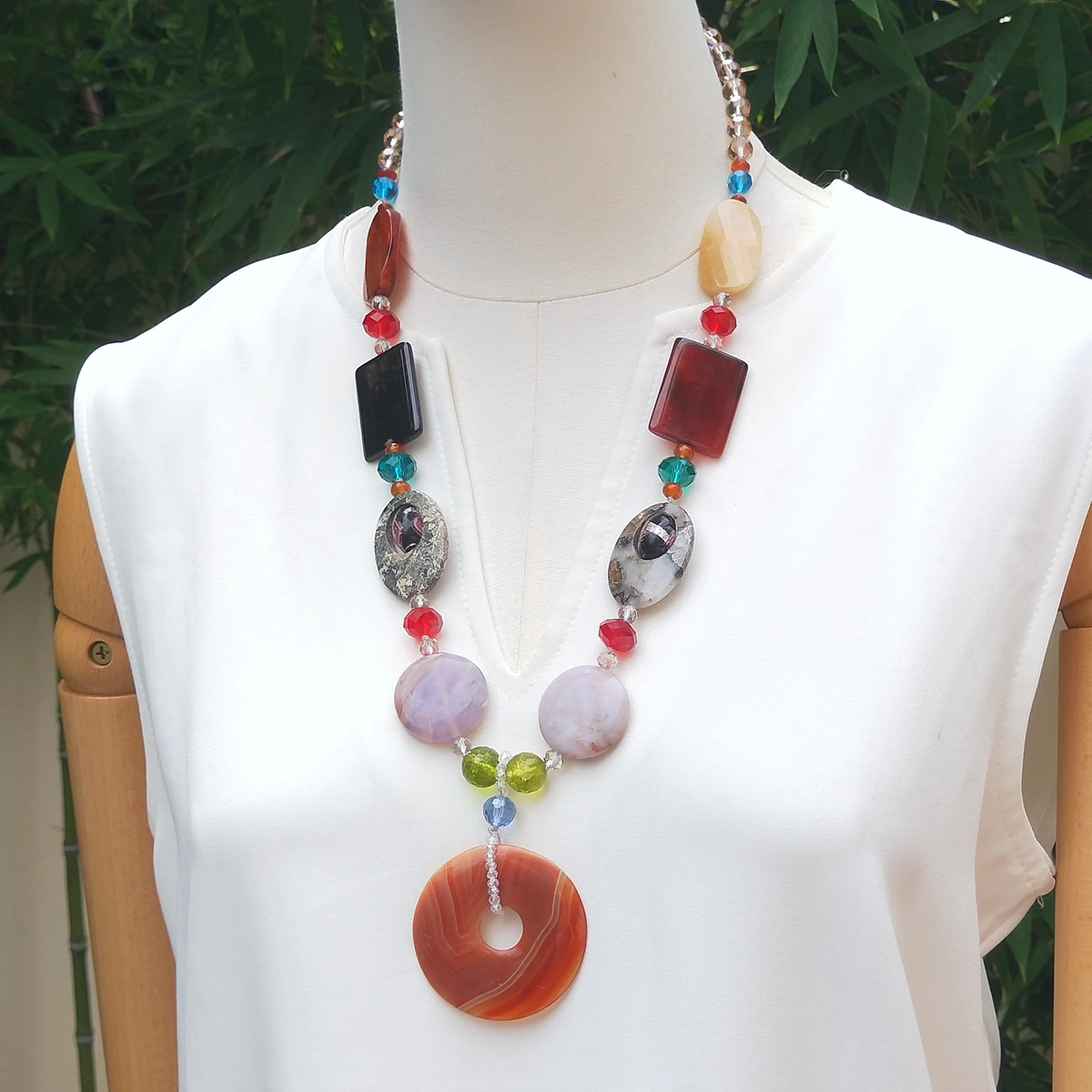 Lii Ji Real Stone Mutil Color Agate Jasper Crystal Necklace 67cm Stock Sale Women Jewelry Gift