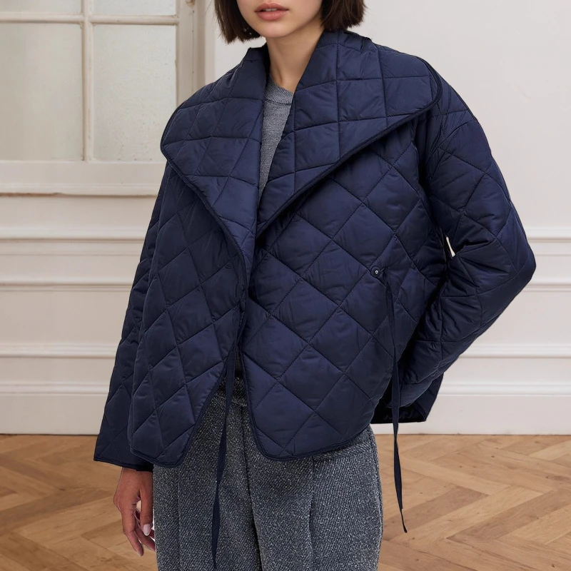 

Women's Clothes Fashion Lapel Sapphire Blues with Rhombic Quilting Short Loose Cotton Coat Jacket