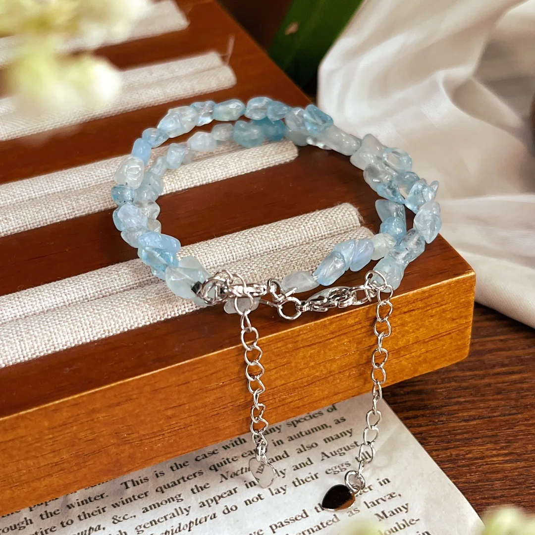 Natural Aquamarine Beaded Jewelry Set, Bracelet & Choker Necklace Suit Stackable Layering Crystal Gemstone Set for Women