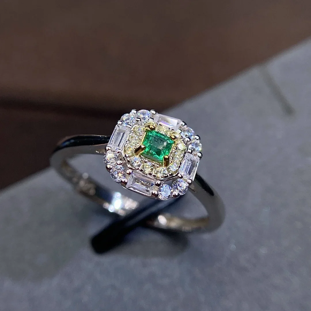 Natural Emerald Ring 3*3mm925 Sterling Silver Seiko Set Luxury Jewelry Designer