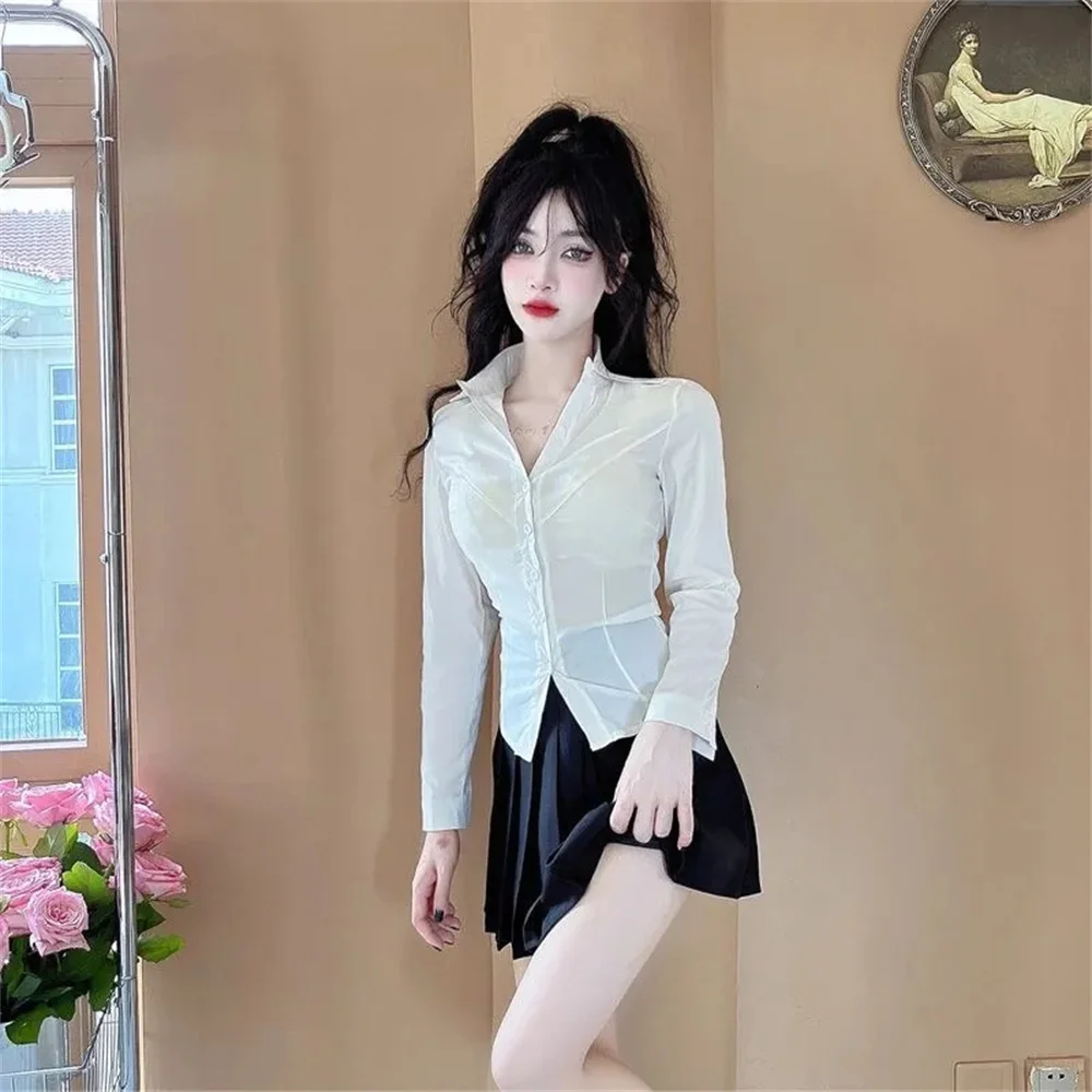 Japan Korean Jk Uniforms Pure Desire White Women Shirt Blouse Spring Autumn College Slim Fit Spicy Girl Long Sleeved Bottom Top