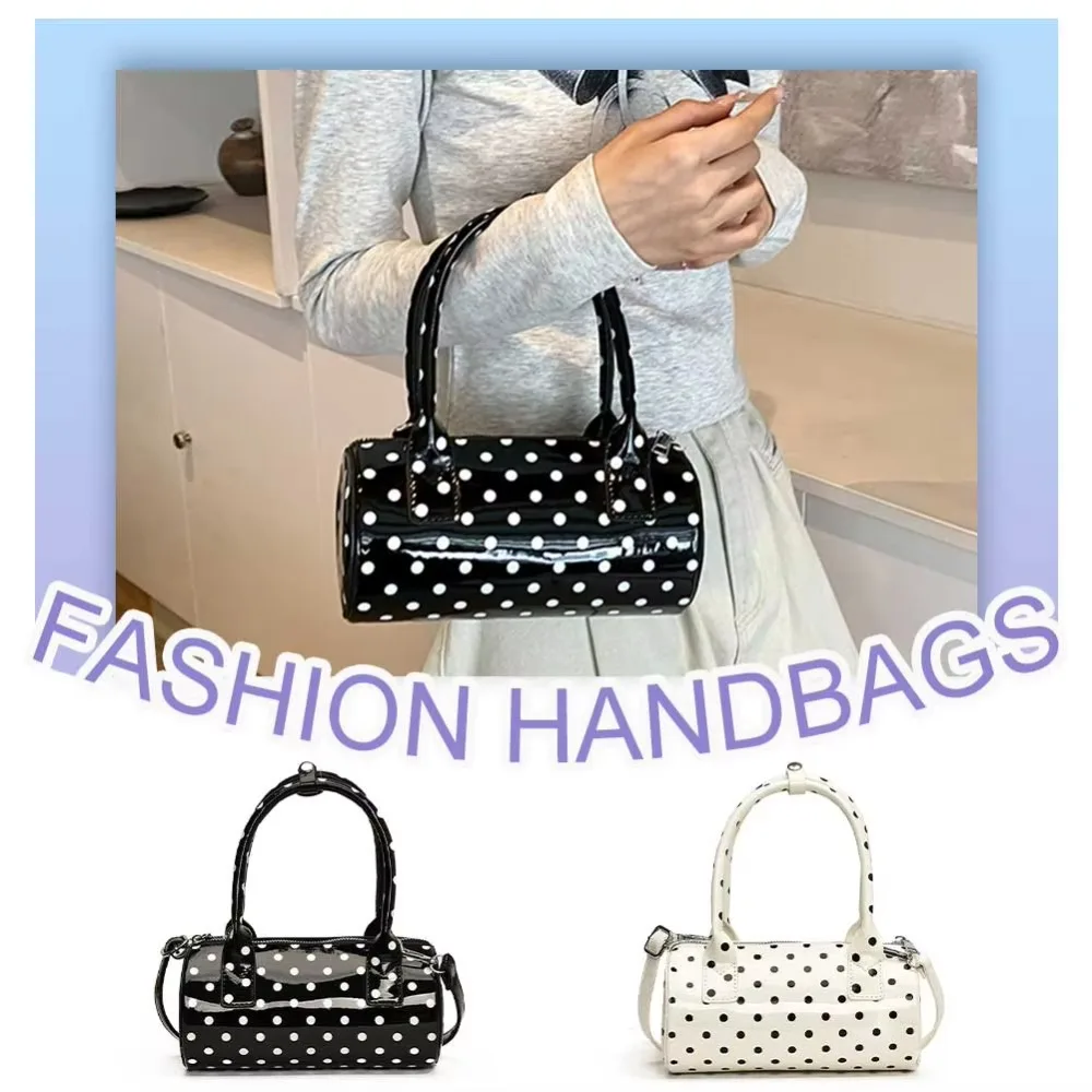 

Trendy PU Leather Women Cylindrical Bag Versatile Waterproof Polka Dot Handbag Korean Style Adjustable Strap Crossbody Bag Daily