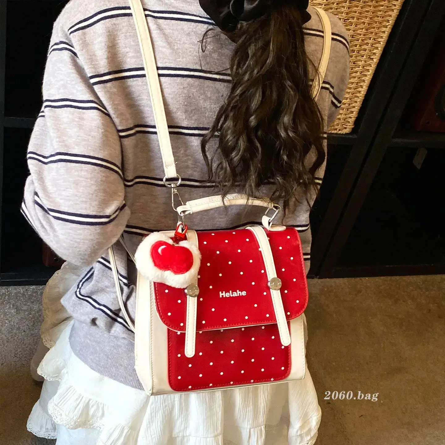 

Korean Style Color Blocked Polka Dot Backpack New Retro Texture PU Leather Backpack Temperament Commuting Women's Shoulder Bag