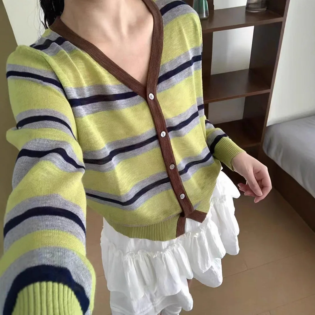 

2025 Pre-autumn New Temperament Striped Design Contrast Knitted Cardigan Single-breasted V-neck Sunscreen Top for Women