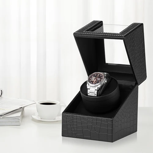Imagen 2 del producto Luxry-enrollador de reloj con 2 ranuras, batería agitador de madera/PU, caja de reloj con carga USB, caja de almacenamiento de vidrio con enrollador automático, caja de exhibición