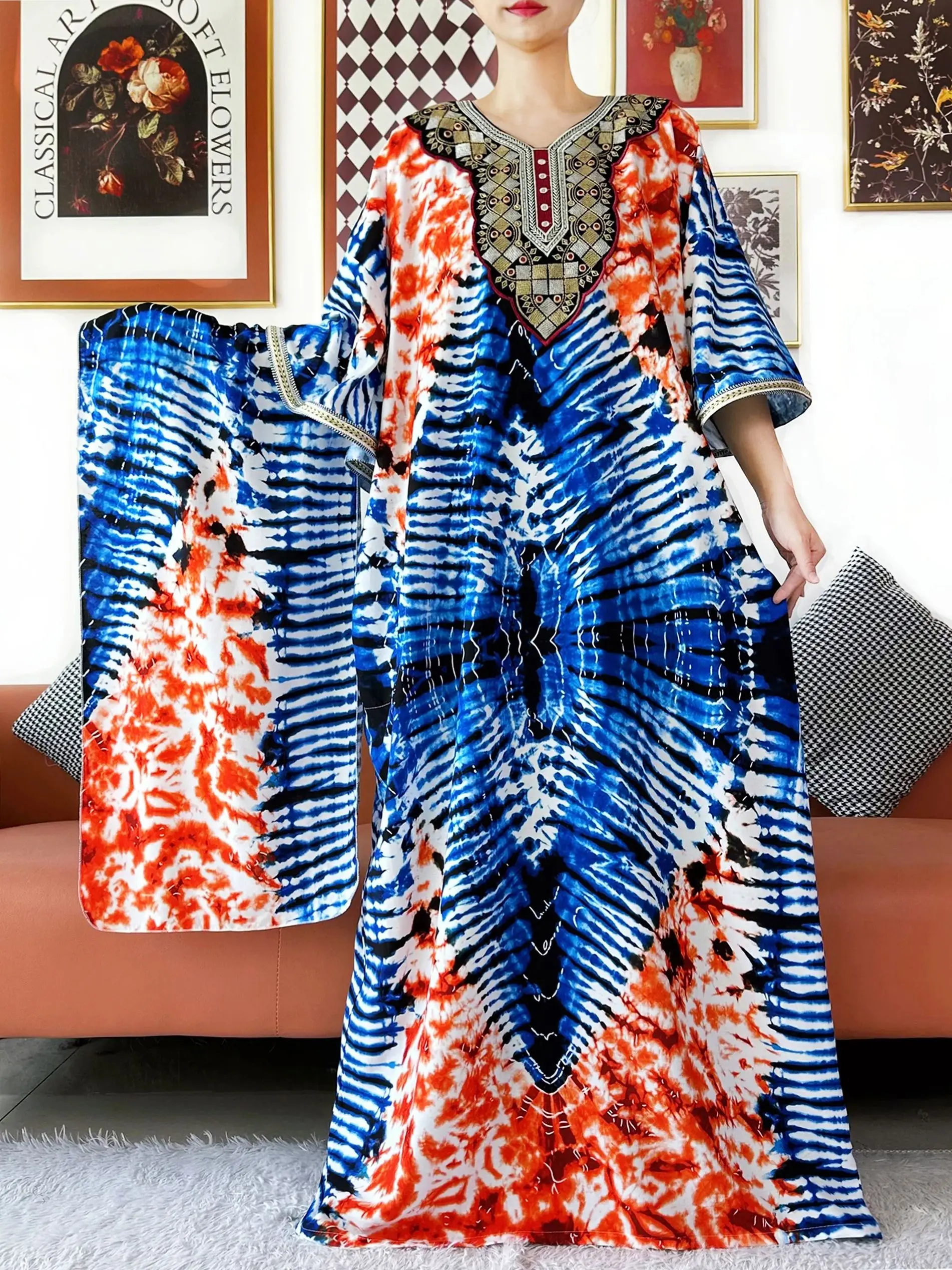 Abito musulmano dal design di alta qualità Abito musulmano con collo ricamato in cotone da donna Abaya allentato Boho Maxi abito casual Abiti africani