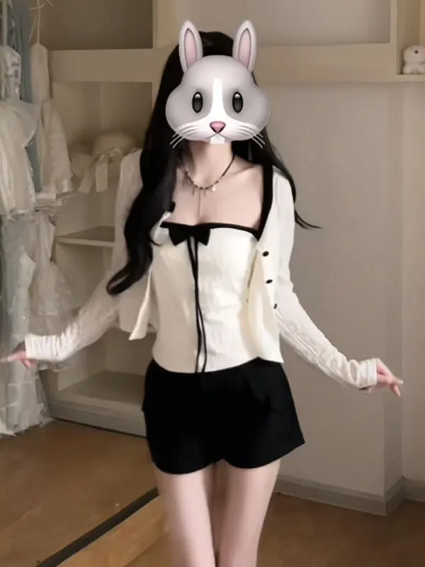 

Spring Knitted Cardigan Inner Tank Top Set Cute Small Size Anti-Aging Two-Piece Fashionable Women's Comfortable Mid-Sleeve Ca...