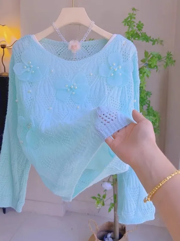 

Корейский сладкий 3D цветок полый трикотаж весна осень свободный утягивающий модный топ женский свитер