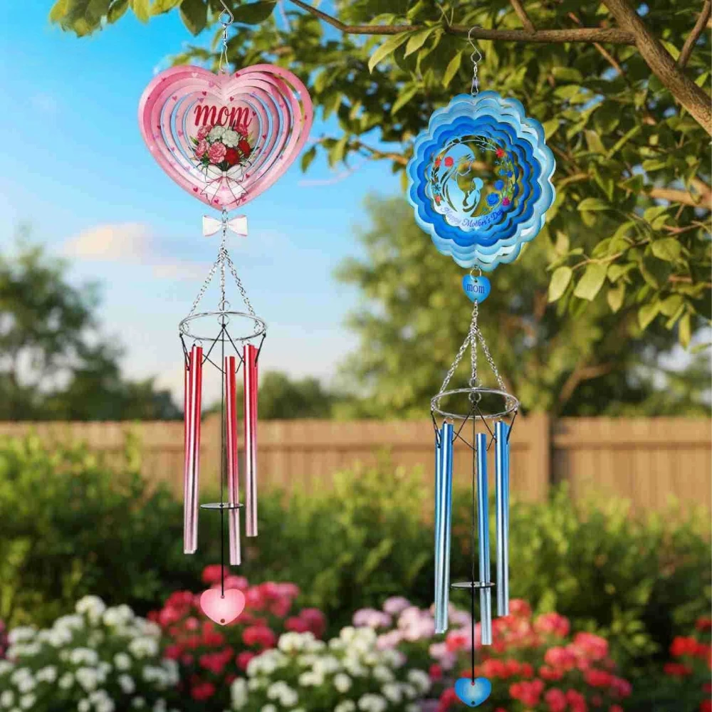 Mandala Flower Wind Chime with Tube 3D Butterfly Iron Art Handmade Metal Glass Painted Hanging Decoration Mother's Day Gift