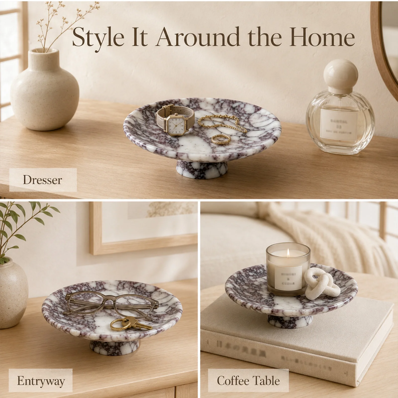Natural Calacatta Viola Marble Pedestal Tray Round Stone Jewelry Dish, Perfume Organizer Vanity Stand for Bathroom Dresser Decor