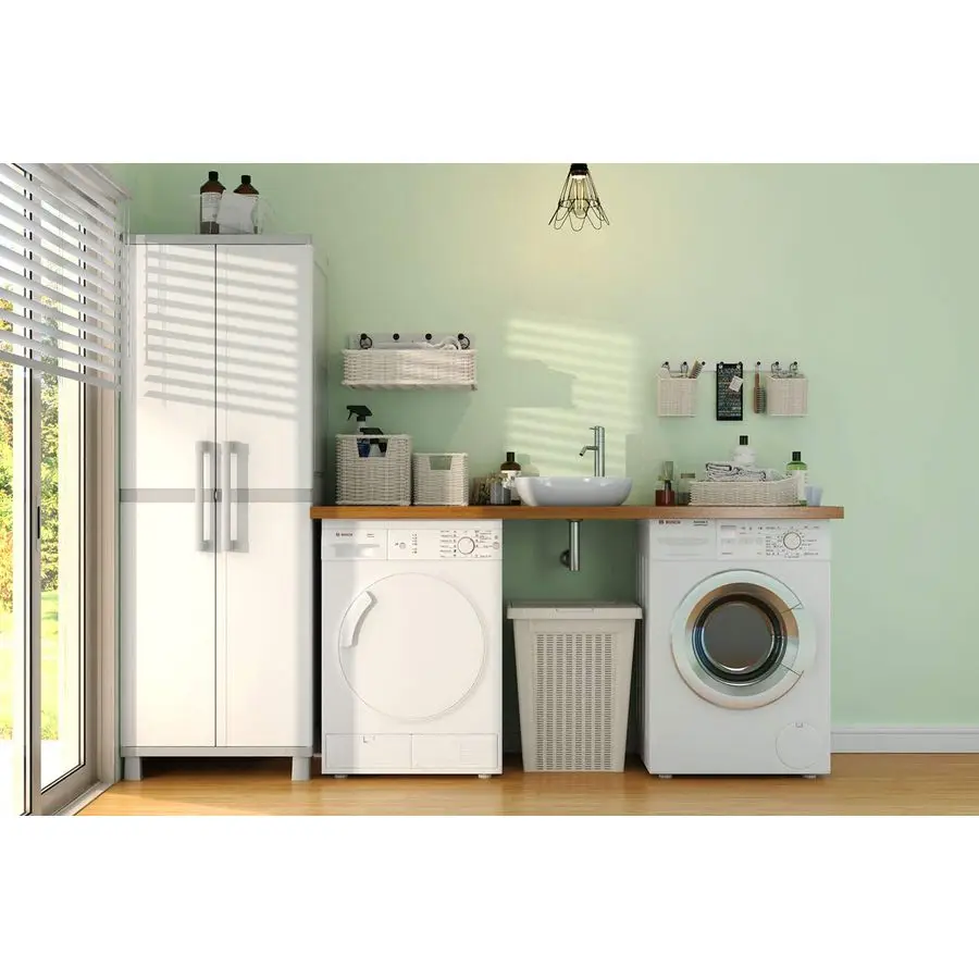 

Storage Cabinet with Doors and Shelves for Laundry Room, Garage, Bathroom Accessories, Closet and Home Organization, White amp G