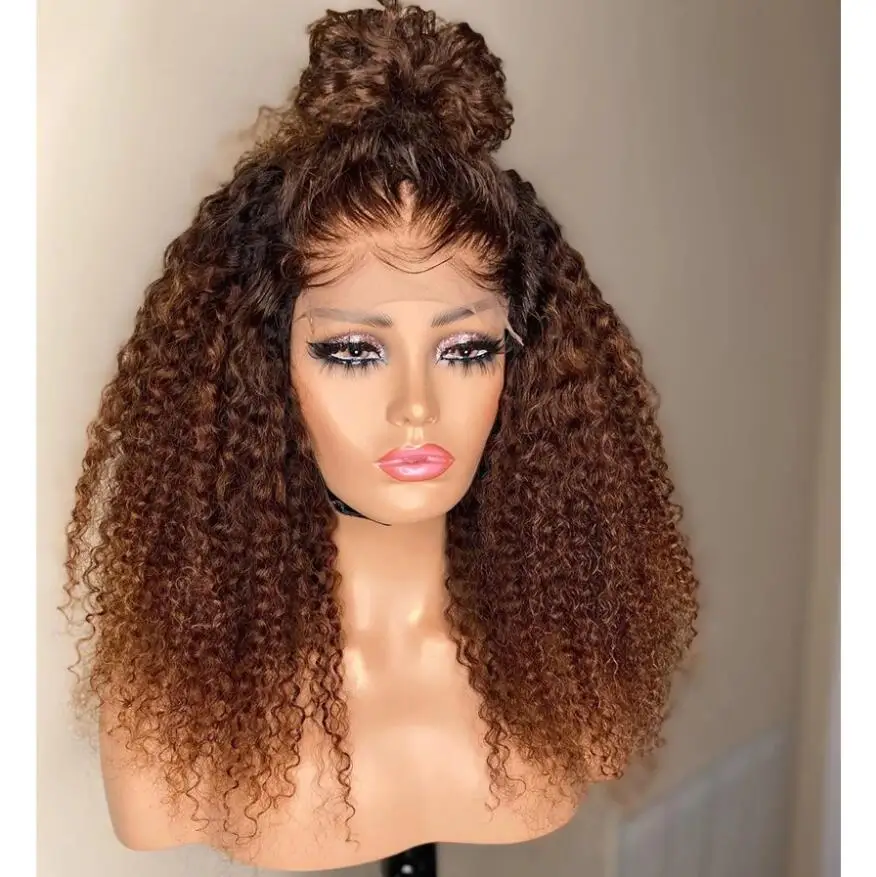 180Density Natural 26" Preplucked Brown Kinky Curly Lace Front Wig For Black Women Baby Hair Heat Resistant Glueless Daily Wigs