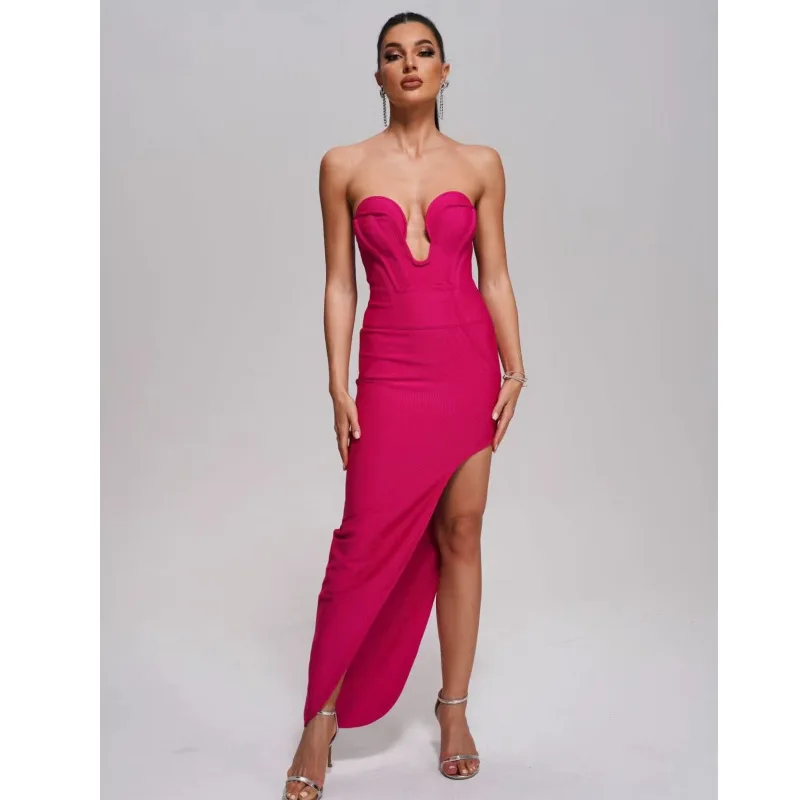 

Independent Station Cross-Border Sexy V-neck Side Slit Rose Red Tube Top Bandage Dress Long Dress Elegant Temperament Dress