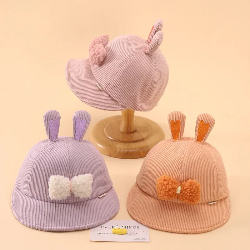 

Cartoon Rabbit Ears Baby Baseball Hats Autumn Corduroy Children Duckbill Hat Cute Solid Color Bow Kids Duck Tongue Caps