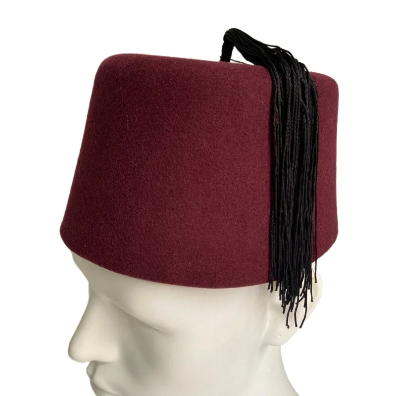 

15cm High Authentic Turkish Ottoman Fez Hat Maroon Wool Felt Tarboosh Black Tassel Men Muslim Prayer Cap Traditional Folk Hat