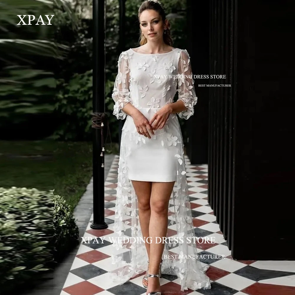 

XPAY Vintage Short Wedding Party Dresses With Train 2/3 Long Sleeves Lace Floral Elegant Women Bride Formal Party Gowns