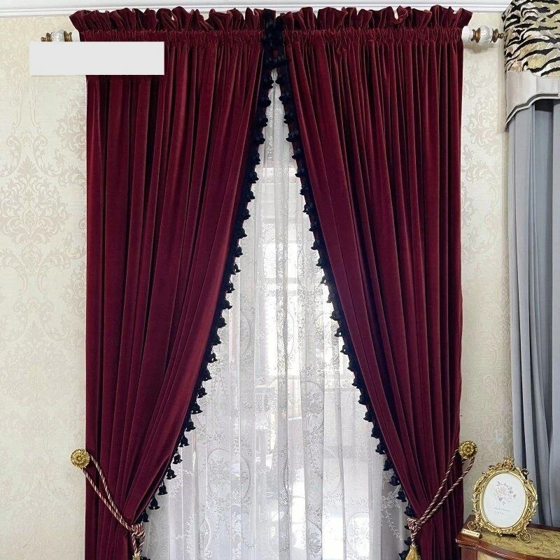 Dark Burgundy Thick Full Blackout Velvet Curtain American Retro Style For Bedroom Living Room Window