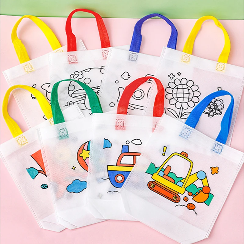 5pcs Non Woven Graffiti Bag Shopping Bags Manual DIY Coloring Environment Protection Gift Bag Student Painting Handbag TMZ