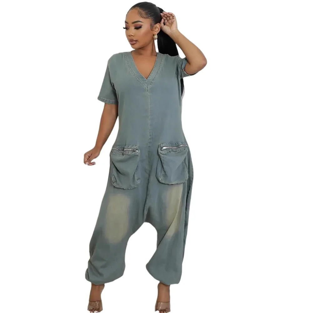 

Women's Loose Jeans Jumpsuits Fashion Pockets Washing Denim Jumpsuits Short Sleeves Lady Rompers Pants 2025 Streetwear Autumn