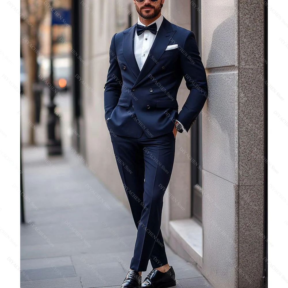 

Navy Blue Men Suits Elegant Double Breasted Peak Lapel Groom Wear Slim Fashion Formal Party Wedding Tuxedo (Blazer+Pants)