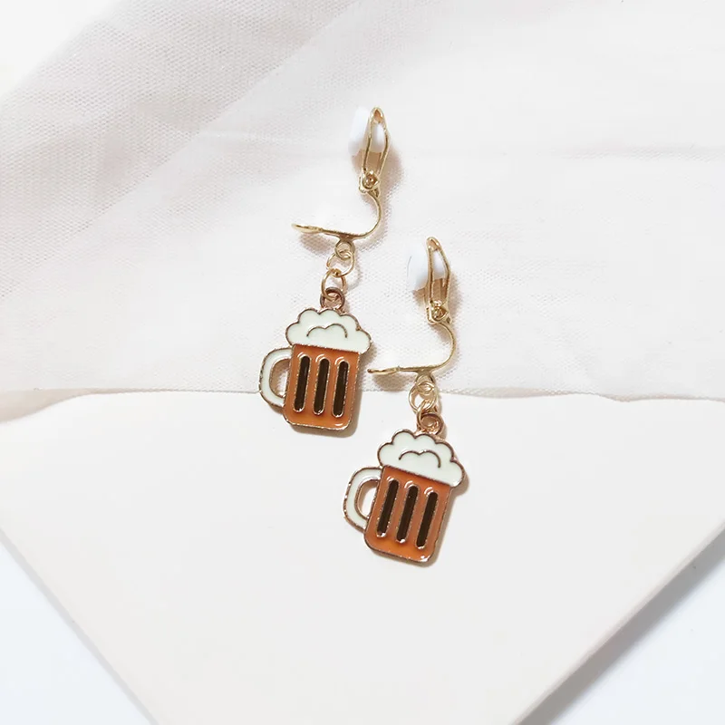 Korea Style Cartoon Shape Coffee Cup Funny Clip on Earrings Without Piercing for Girls Cute Lovely No Hole Ear Clip jewelry