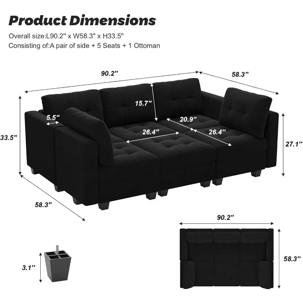 Modular Sectional Sofa, with Storage Velvet Fabric Sleeper Couch with Chaise and Ottomans, 6 Seat Sofa Bed Set