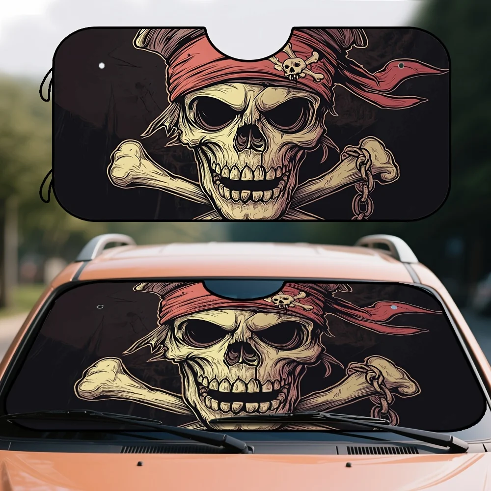 1pc Pirate Skull Sunshade For Vehicle Windshield - Smooth Fold, Reliable Fit, Lightweight Polyester Design With Red Bandana & Sk