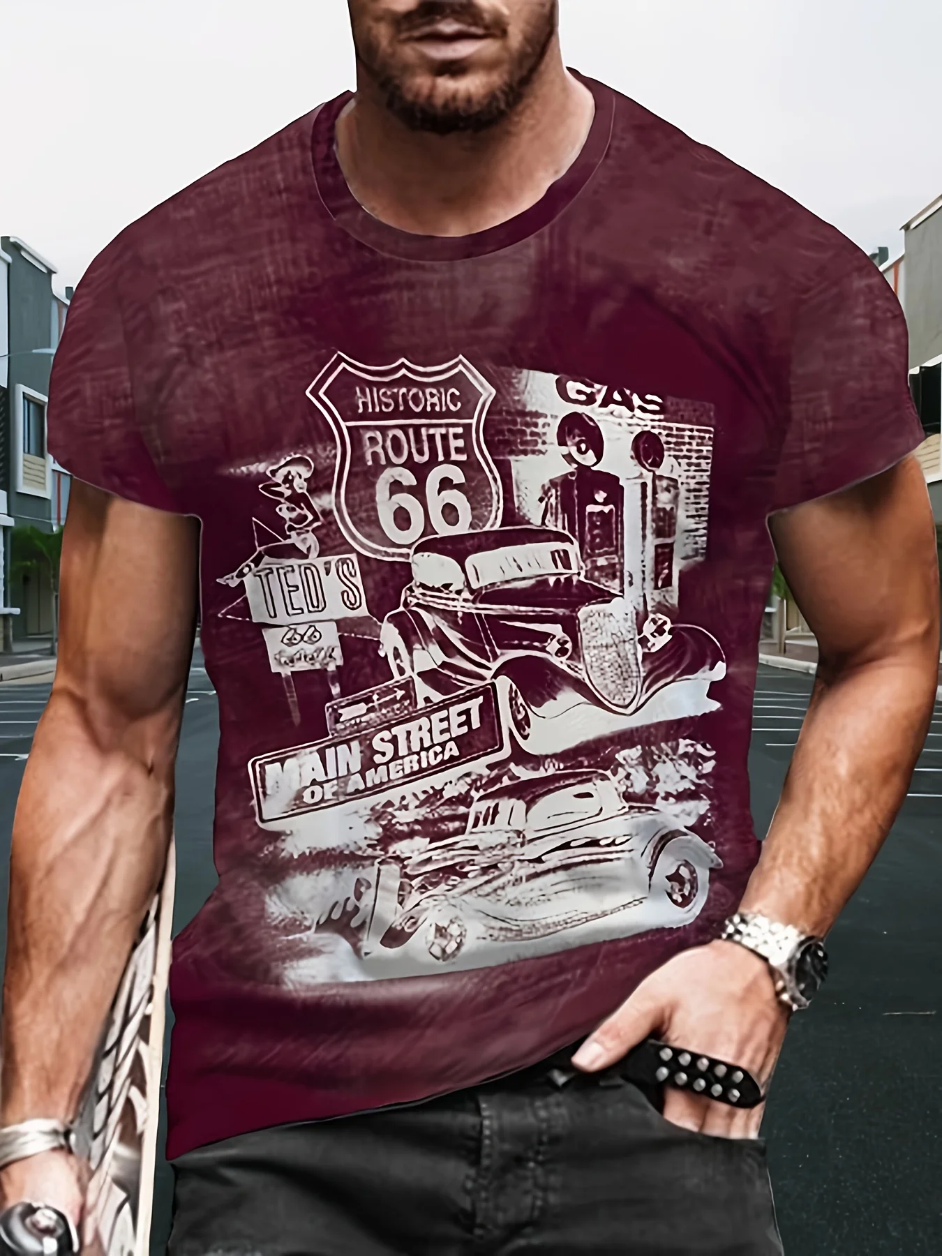 Fit Summer/Fall Men's Clothing 3d Printed Men's Route 66 Short Sleeve T-Shirt Men's Loose Fashion Casual Extra Size T-Shirt