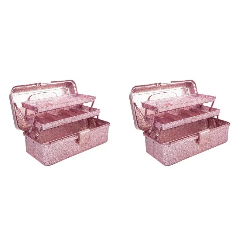2PackX(Glitter Pink & Craft Tool Storage Box,3-Layer Stackable Carry Tackle Box Sewing Box Organizer for Art)