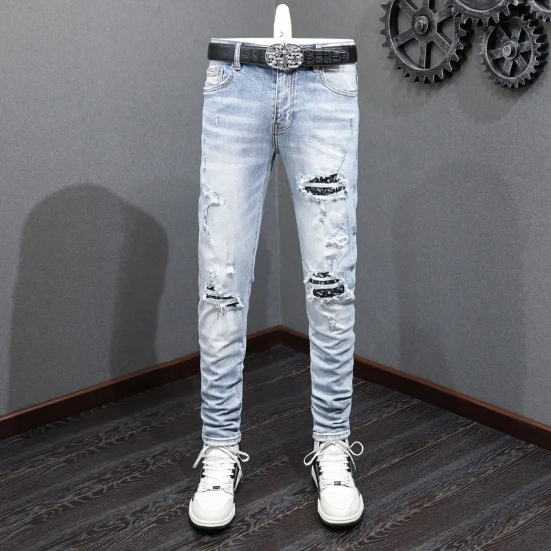 

Street Fashion Men Jeans Retro Light Blue Stretch Skinny Fit Paisley Patched Ripped Jeans Men Brand Designer Hip Hop Denim Pants