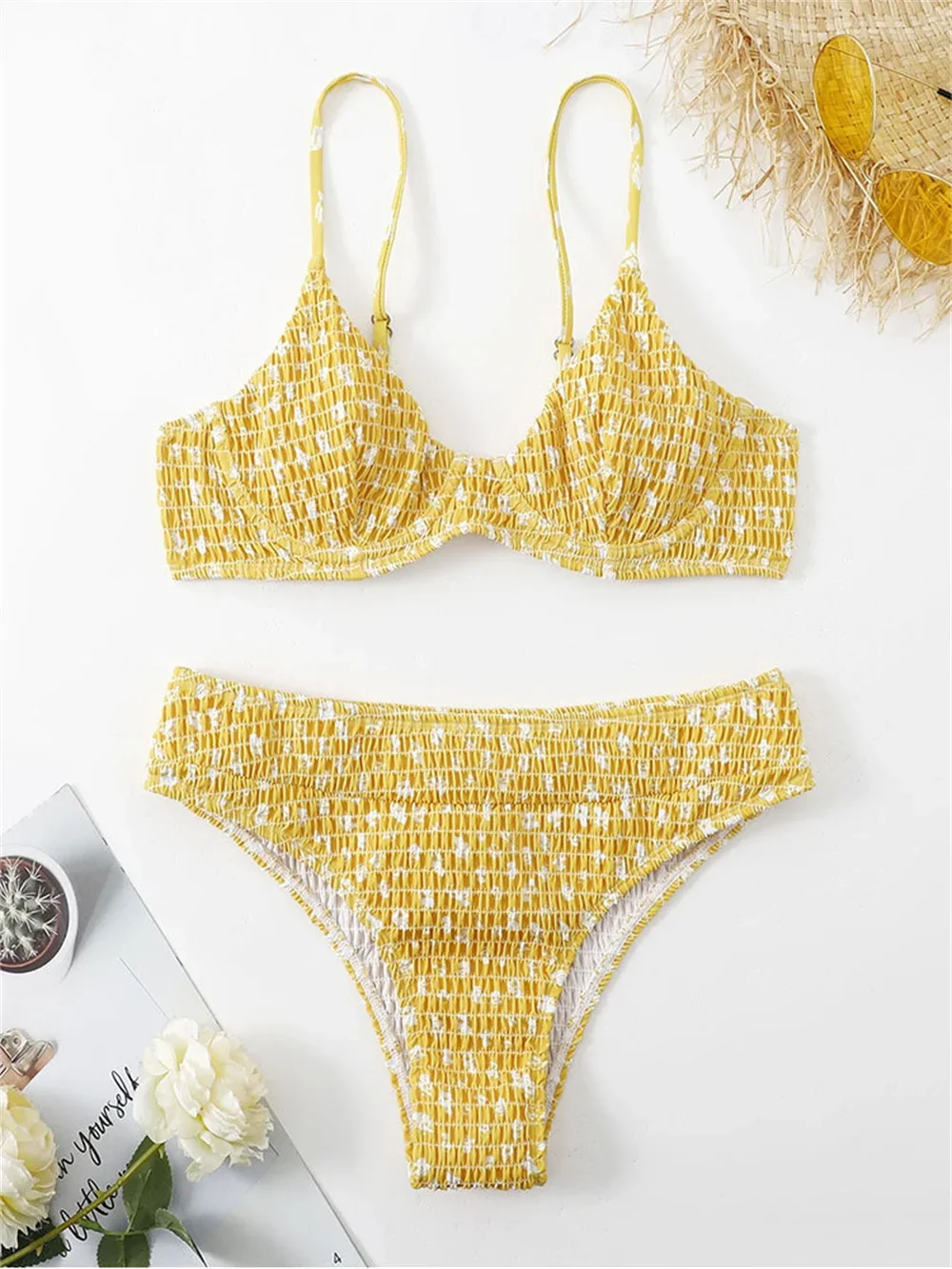 เซ็กซี่ Underwire บิกินี่สีชมพูดอกไม้ชุดว่ายน้ํา Push Up ริ้วรอยห้องพักช่วงวันหยุดชุดว่ายน้ําผู้หญิงชุดว่ายน้ําชุดชายหาด Traje De Bano Mujer