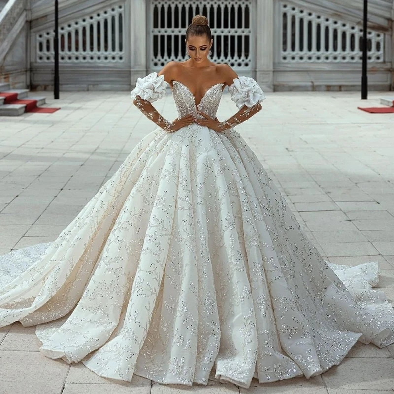 Off The Shoulder Sweetheart Neck Lace Up Back Detachable Sleeve All Over Shiny Beading Sequins Sparkly Ball Gown Wedding Dresses