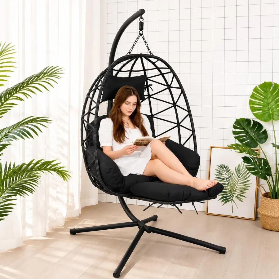 Hanging Egg Chair with Footrest and Stand, Wicker Rattan Swing Hammock Chair with Cushion and Double Chains, 350LBS Capacity fo